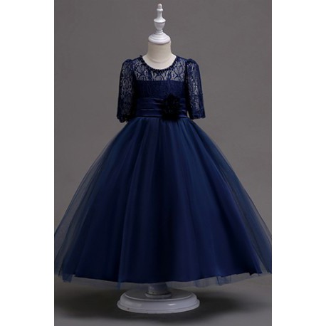 Classic Quarter Sleeve Lace Long Evening Flowery Girl Dress BLUE